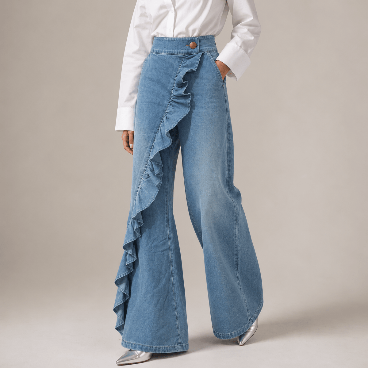 Isla - Women's High-Waisted Wide-Leg Ruffle Denim Pants - Jeans - Light Blue - Davies & Cooper