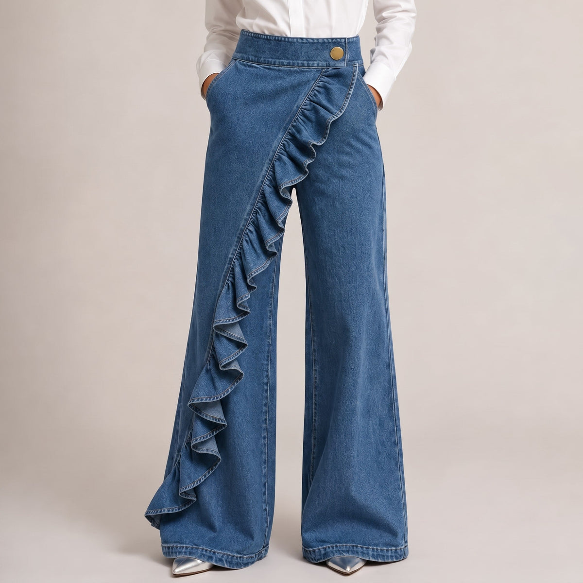 Isla - Women's High-Waisted Wide-Leg Ruffle Denim Pants - Jeans - Blue - Davies & Cooper