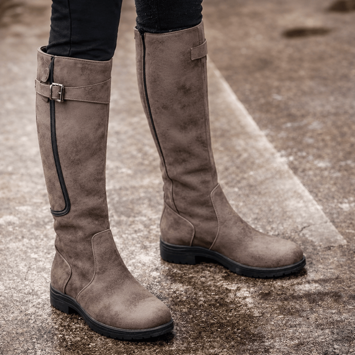 Isla - Women's Knee-High Riding Boots with Buckle Strap and Block Heel - Boots - Grey - Davies & Cooper