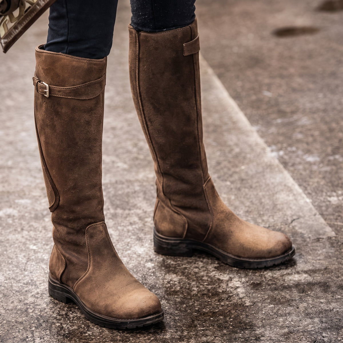 Isla - Women's Knee-High Riding Boots with Buckle Strap and Block Heel - Boots - Brown - Davies & Cooper