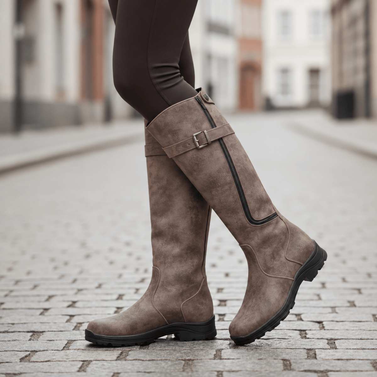Isla - Women's Knee-High Riding Boots with Buckle Strap and Block Heel - Boots - Grey - Davies & Cooper