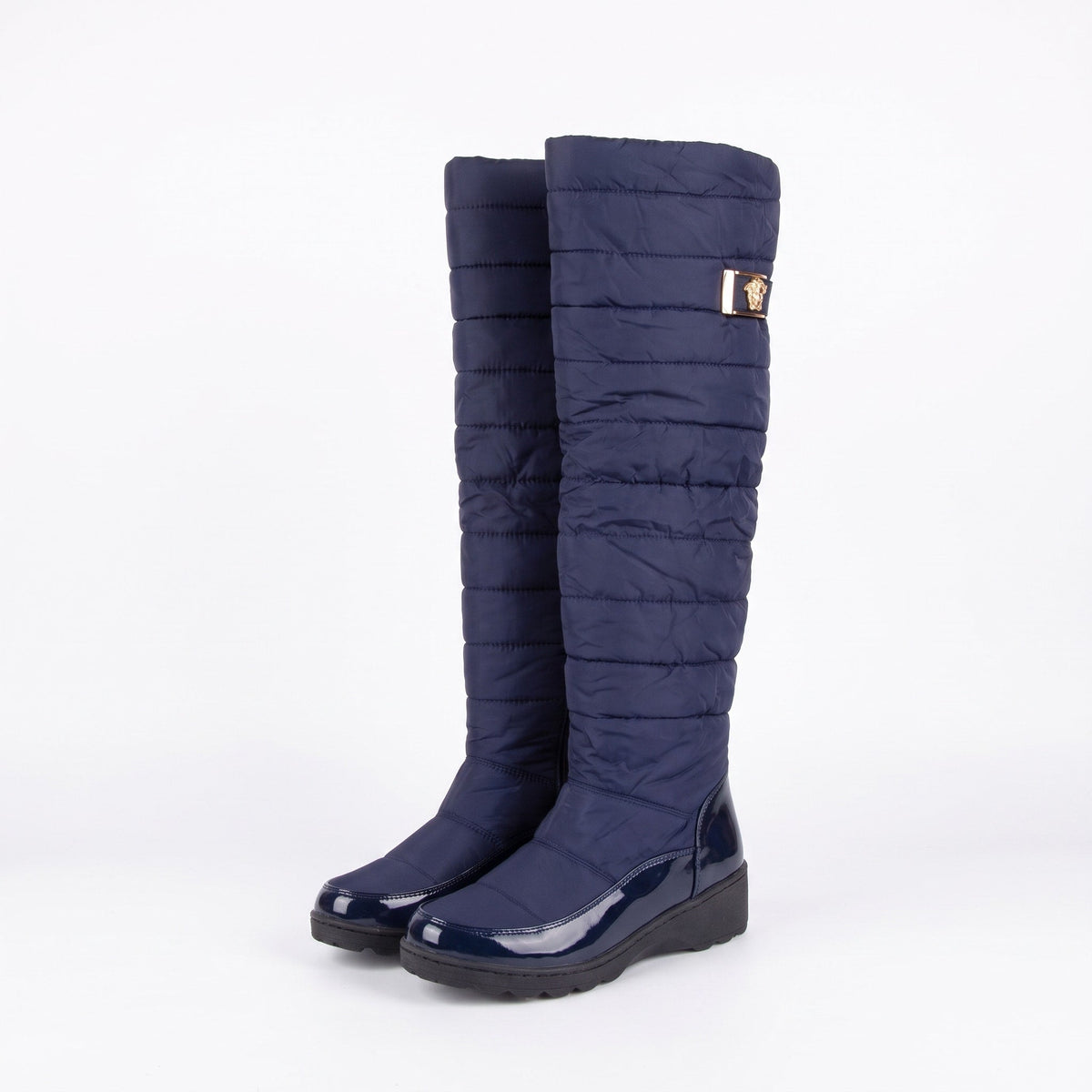 Isla - Women's Knee High Wedge Snow Boots with Buckle Strap - Boots - Navy - Davies & Cooper
