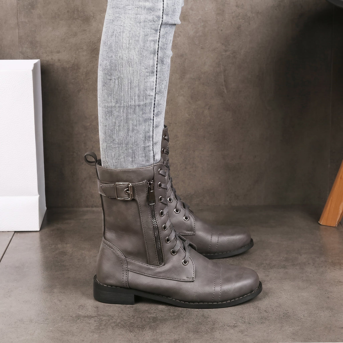 Isla - Women's Lace-Up Mid-Calf Boots with Buckle Strap - Boots - Grey - Davies & Cooper