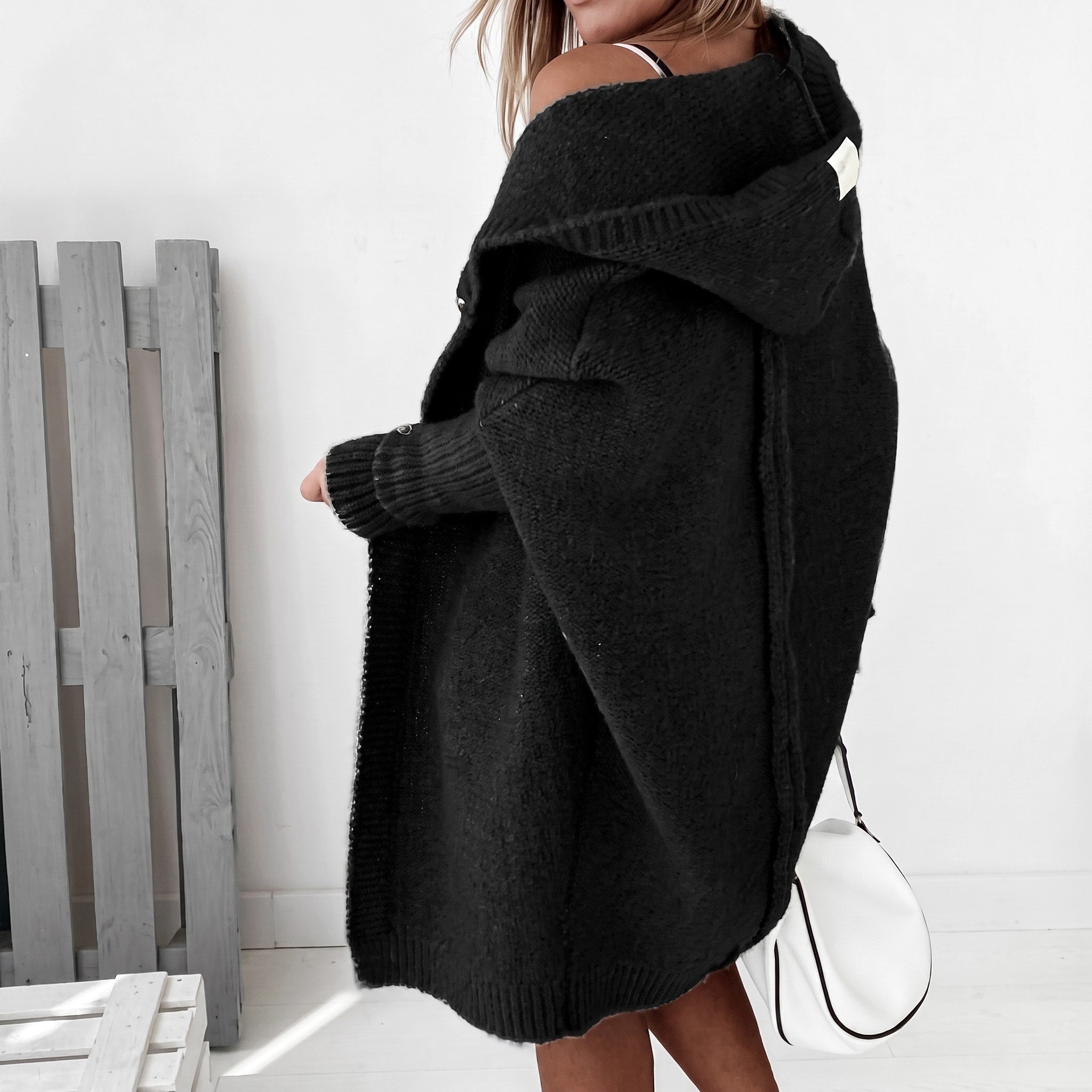Isla - Women's Longline Hooded Cardigan with Batwing Sleeves - Cardigans - Black - Davies & Cooper