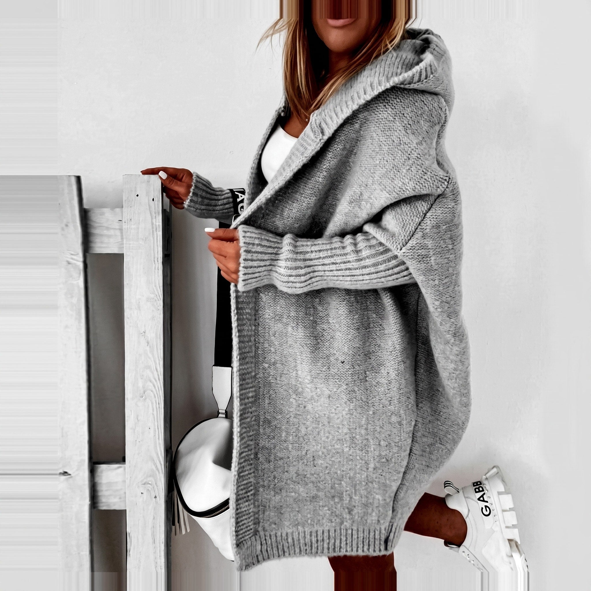 Isla - Women's Longline Hooded Cardigan with Batwing Sleeves - Cardigans - Grey - Davies & Cooper