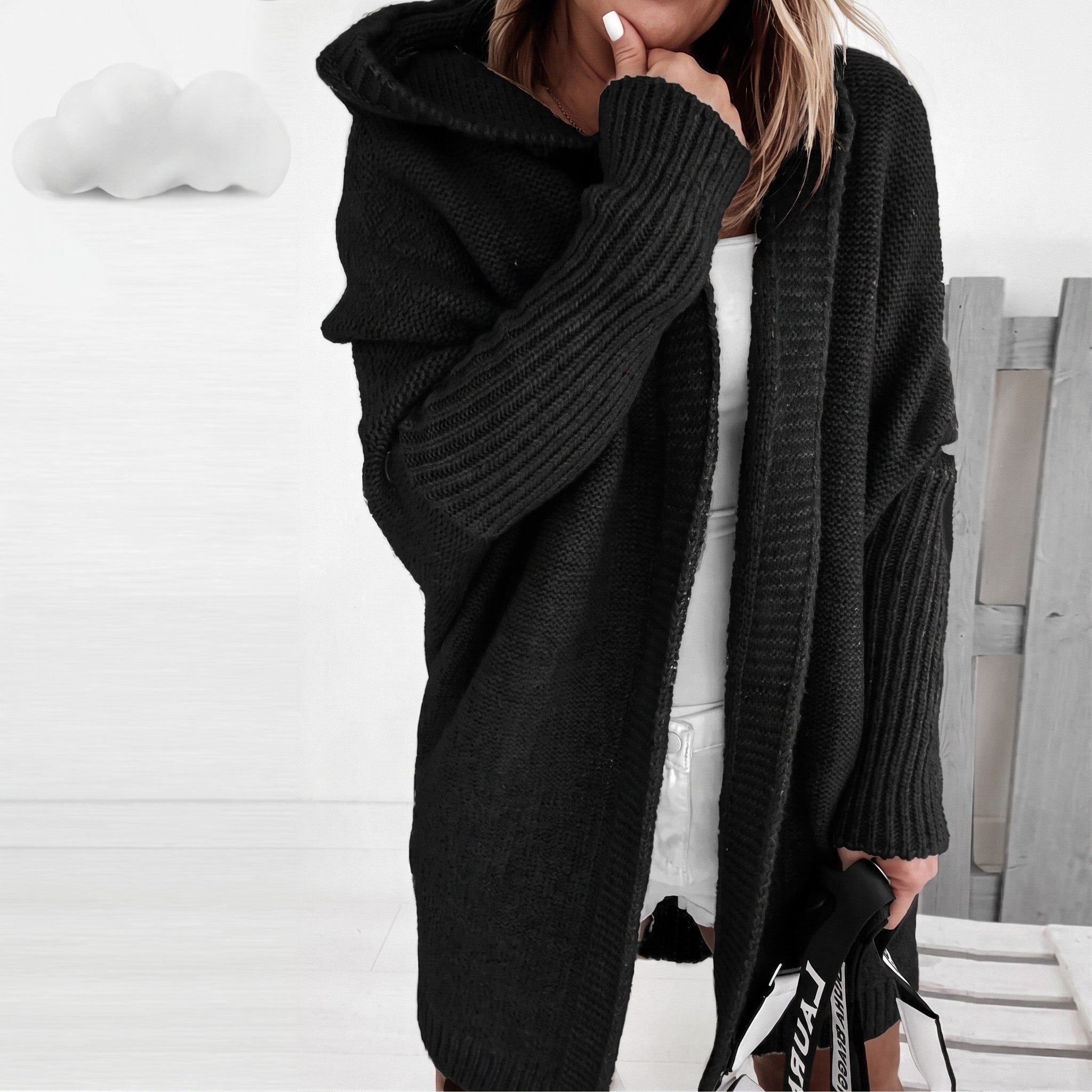 Isla - Women's Longline Hooded Cardigan with Batwing Sleeves - Cardigans - Black - Davies & Cooper