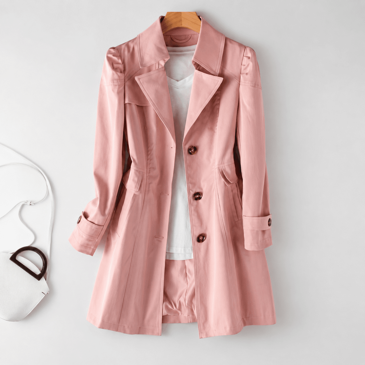 Isla - Women's Longline Tailored Trench Coat with Notch Lapel - Trench Coats - Pink - Davies & Cooper