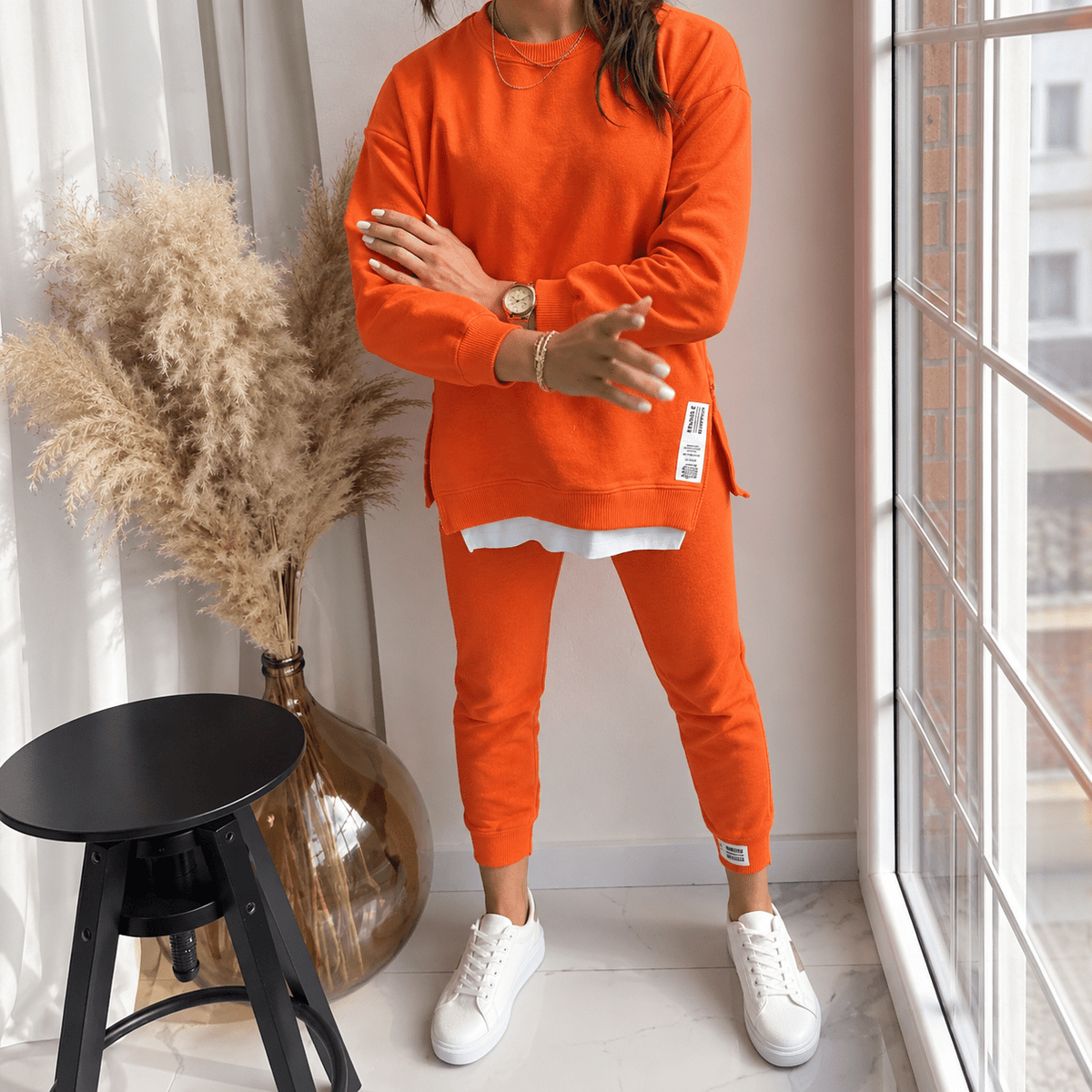 Isla - Women's Oversized Layered Hem Loungewear Set with Zip Pocket - Loungewear Sets - Orange - Davies & Cooper