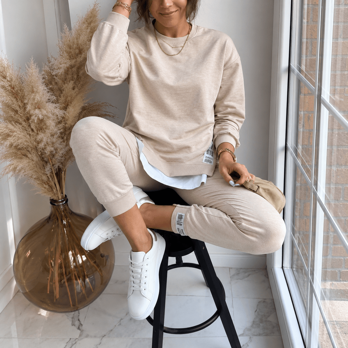 Isla - Women's Oversized Layered Hem Loungewear Set with Zip Pocket - Loungewear Sets - Khaki - Davies & Cooper