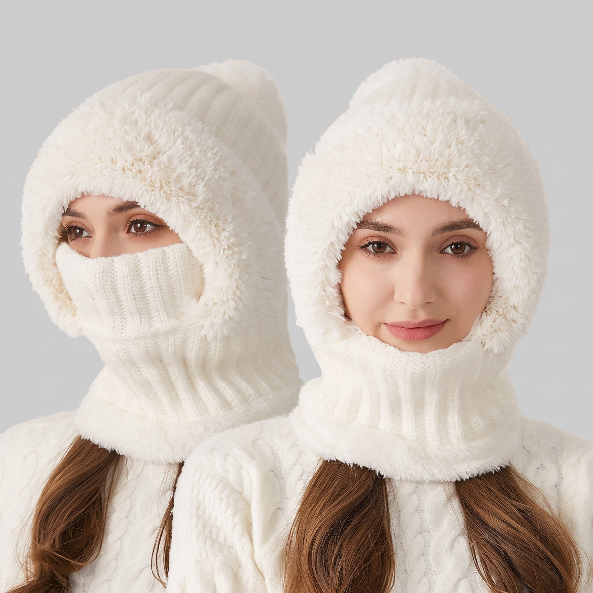 Isla - Women's Pom Pom Hooded Balaclava Hat with Neck Warmer - Balaclavas - Grey - Davies & Cooper