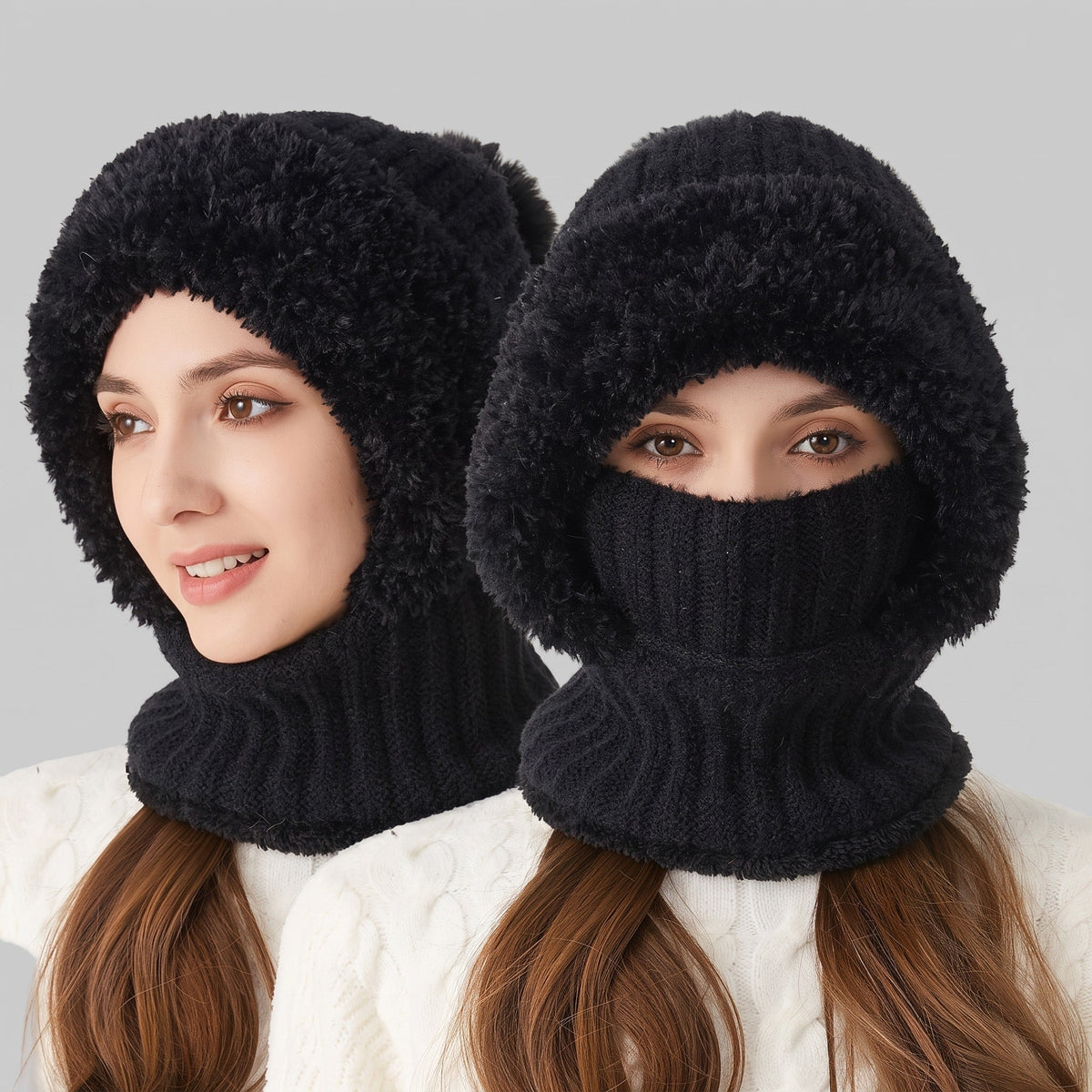 Isla - Women's Pom Pom Hooded Balaclava Hat with Neck Warmer - Balaclavas - Beige - Davies & Cooper