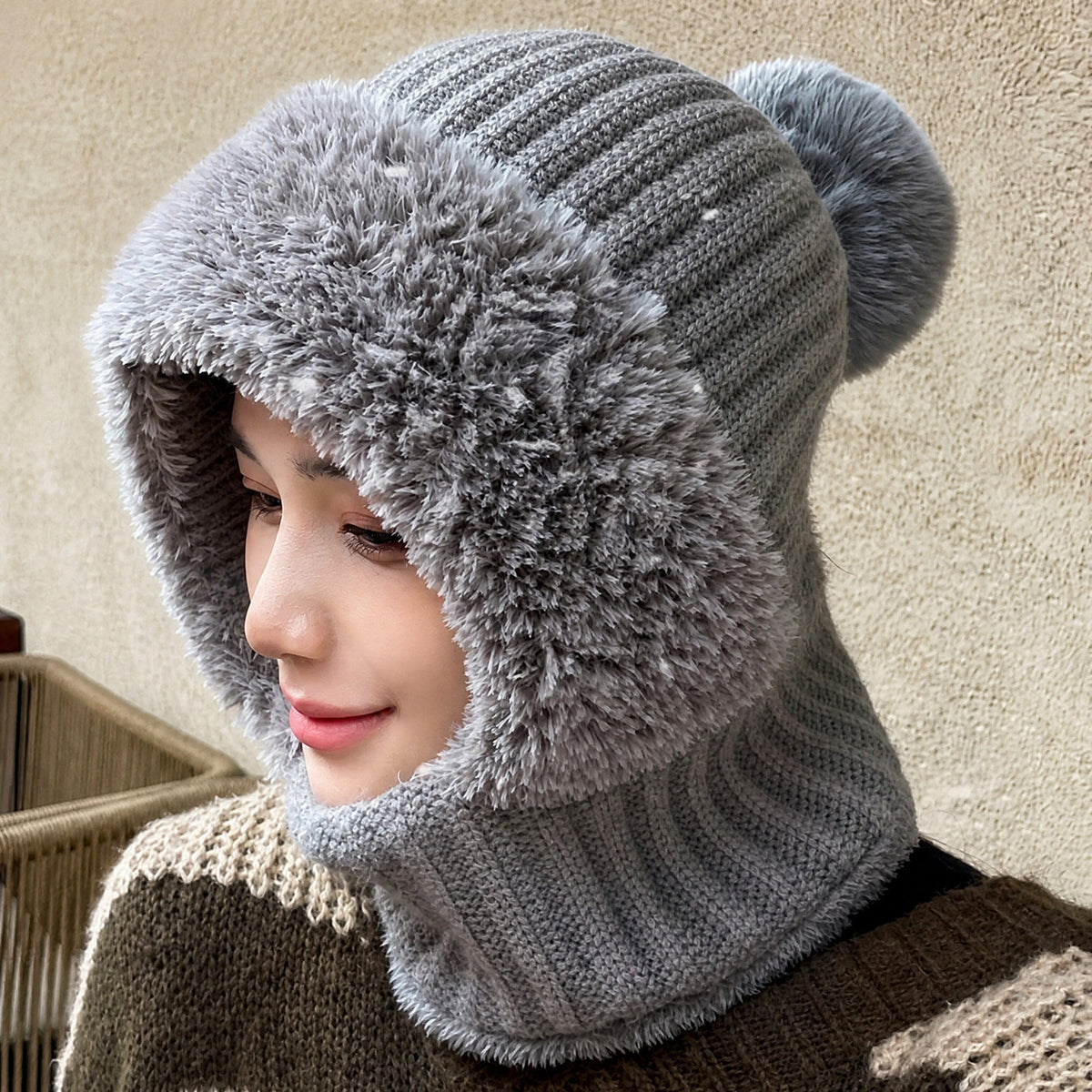 Isla - Women's Pom Pom Hooded Balaclava Hat with Neck Warmer - Balaclavas - Grey - Davies & Cooper