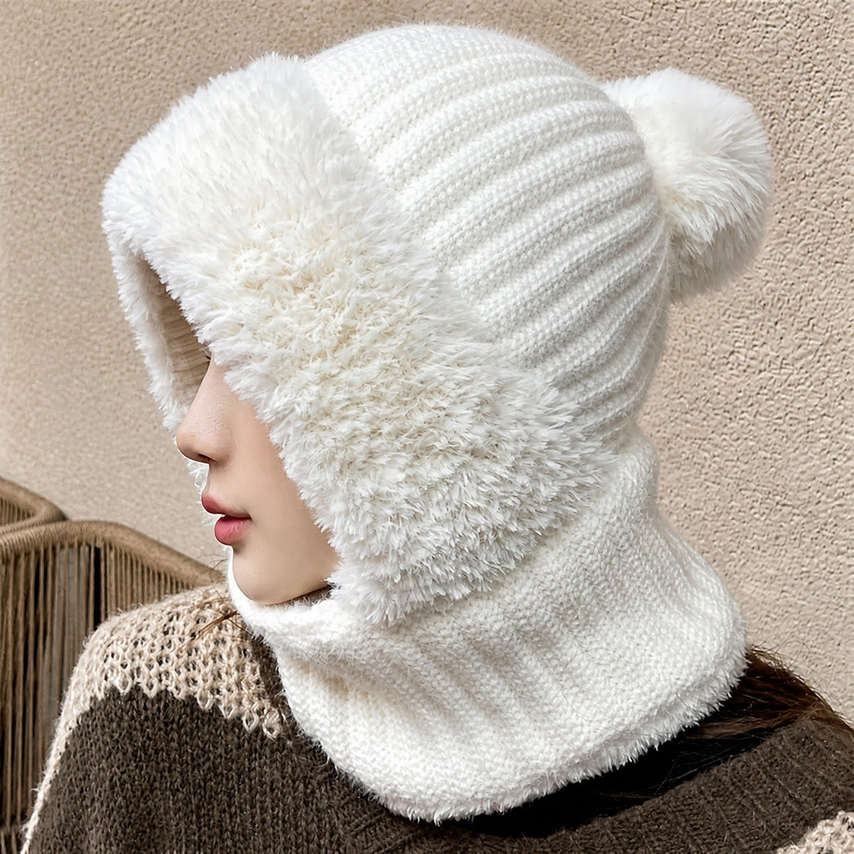 Isla - Women's Pom Pom Hooded Balaclava Hat with Neck Warmer - Balaclavas - Grey - Davies & Cooper