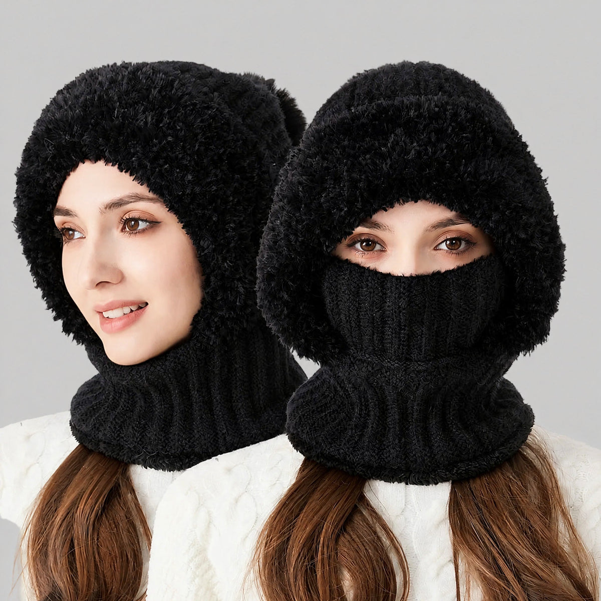 Isla - Women's Pom Pom Hooded Balaclava Hat with Neck Warmer - Balaclavas - Black - Davies & Cooper