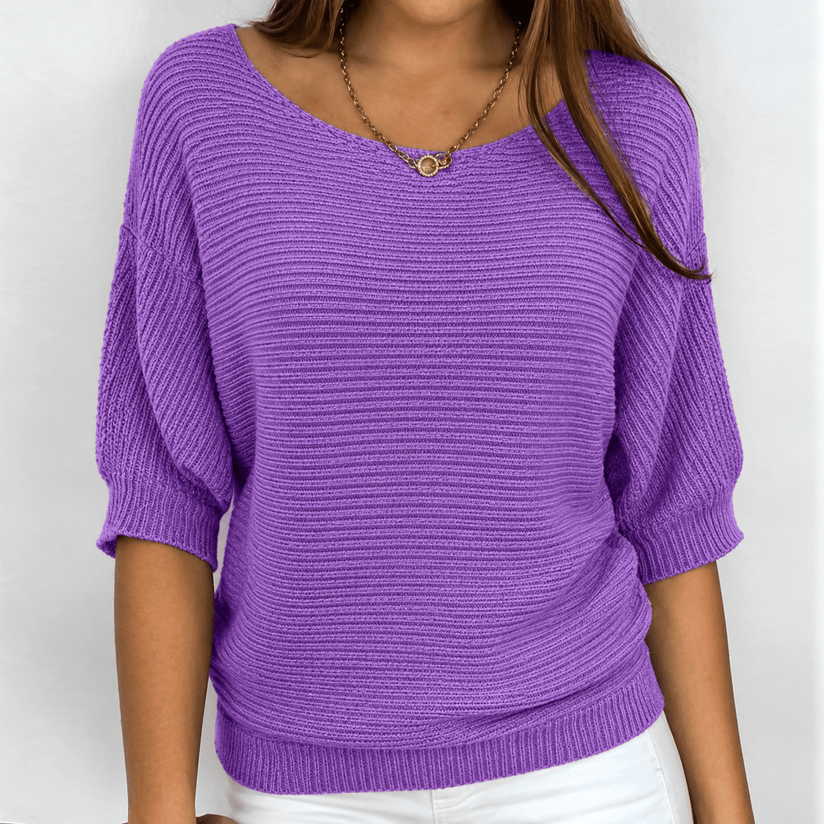 Isla - Women's Relaxed Fit Knit Jumper with Boat Neckline and Batwing Sleeves - Sweaters - Purple - Davies & Cooper