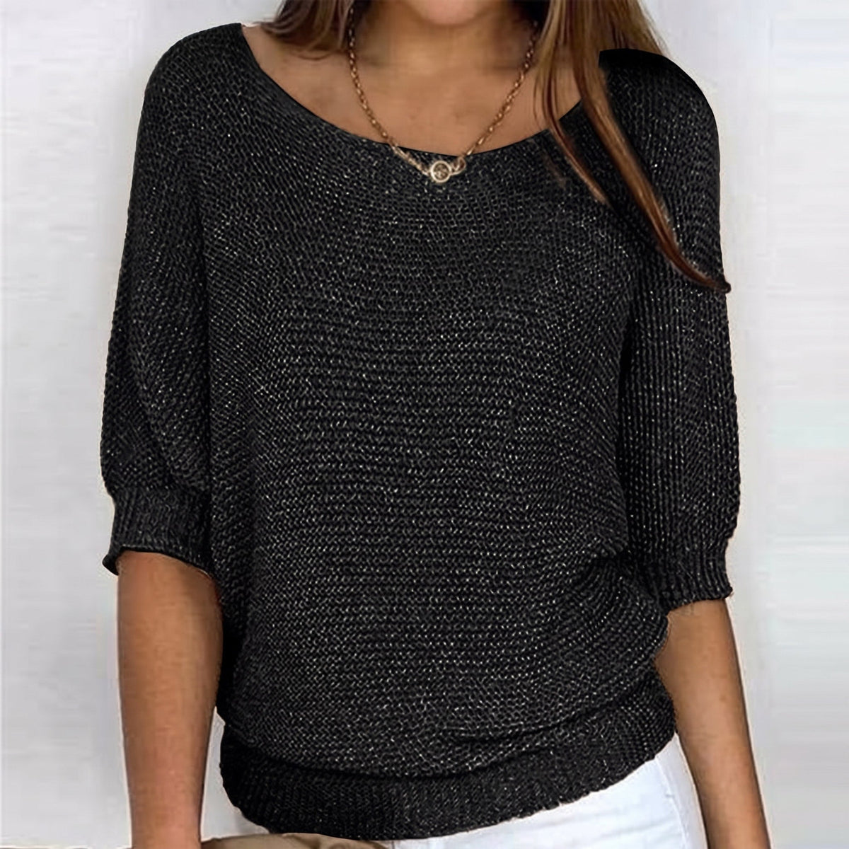 Isla - Women's Relaxed Fit Knit Jumper with Boat Neckline and Batwing Sleeves - Sweaters - Black - Davies & Cooper