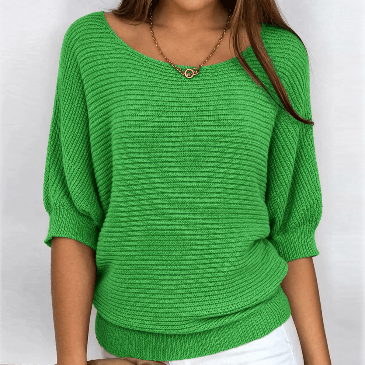 Isla - Women's Relaxed Fit Knit Jumper with Boat Neckline and Batwing Sleeves - Sweaters - Green - Davies & Cooper