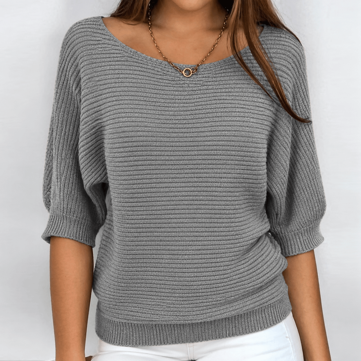 Isla - Women's Relaxed Fit Knit Jumper with Boat Neckline and Batwing Sleeves - Sweaters - Grey - Davies & Cooper