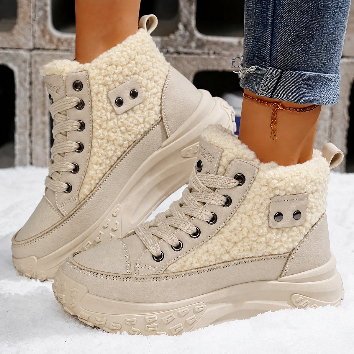 Isla - Women's Shearling Trim High-Top Trainers Boots - Boots - Beige - Davies & Cooper