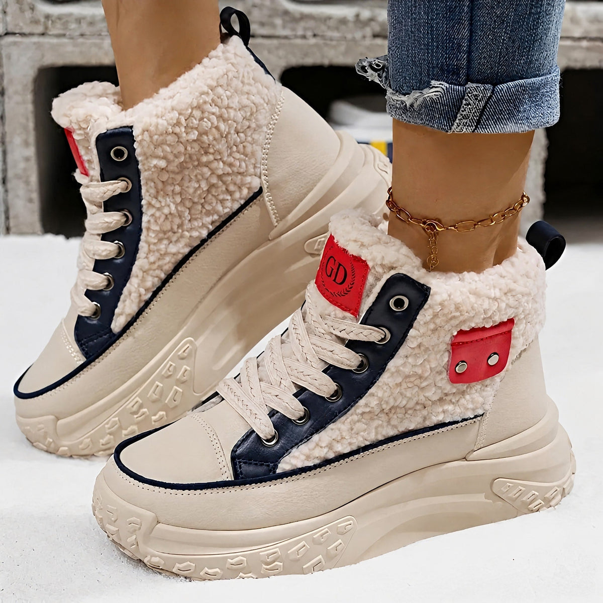 Isla - Women's Shearling Trim High-Top Trainers Boots - Boots - Navy Blue - Davies & Cooper