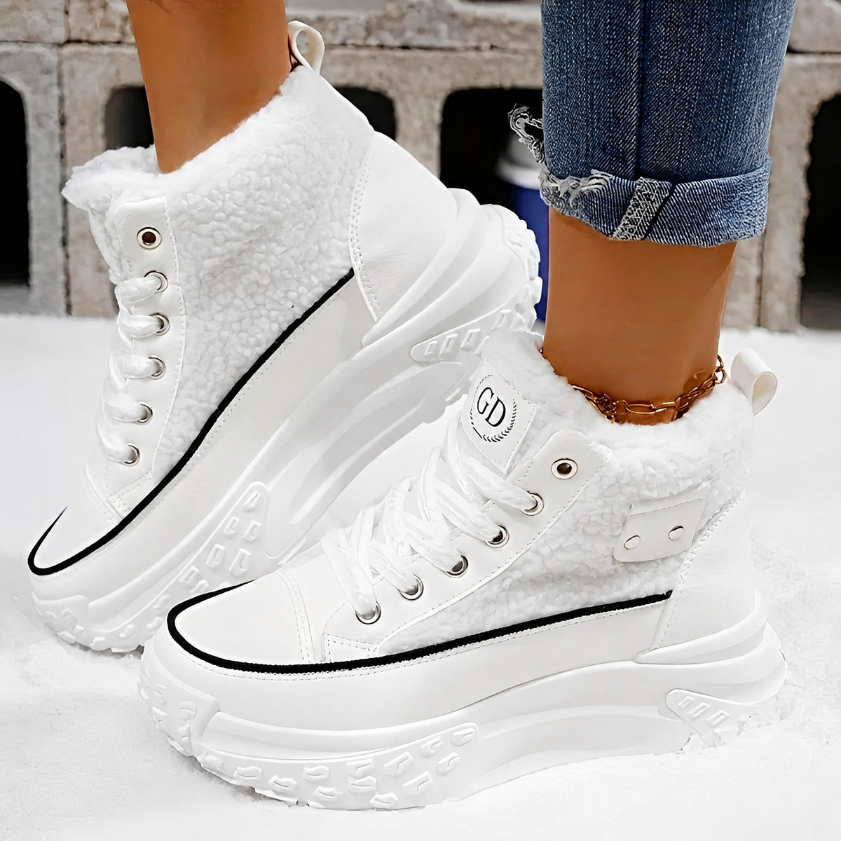 Isla - Women's Shearling Trim High-Top Trainers Boots - Boots - White - Davies & Cooper