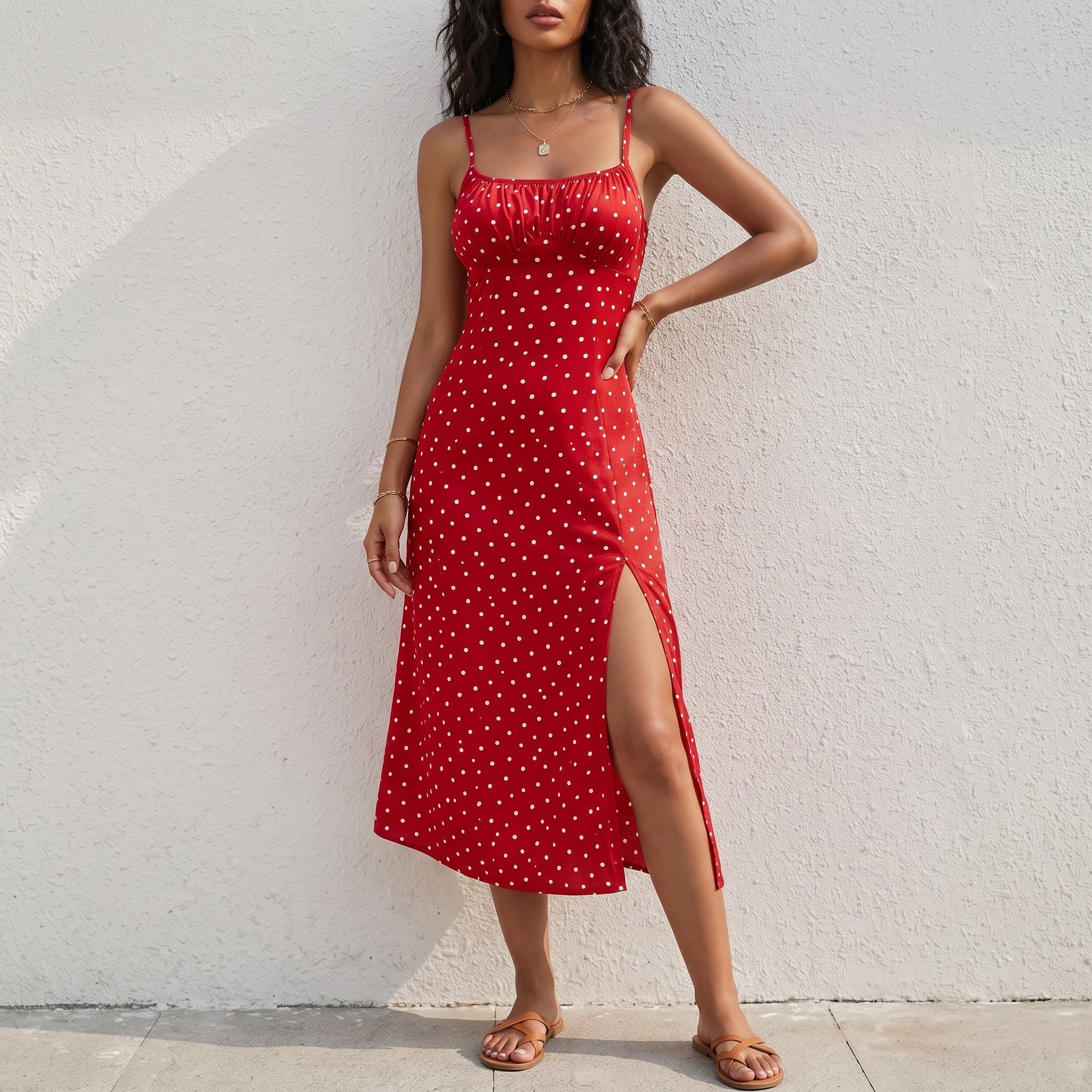 Isla - Women's Summer Spaghetti Strap Polka Dot Midi Dress - Dresses - Red - Davies & Cooper