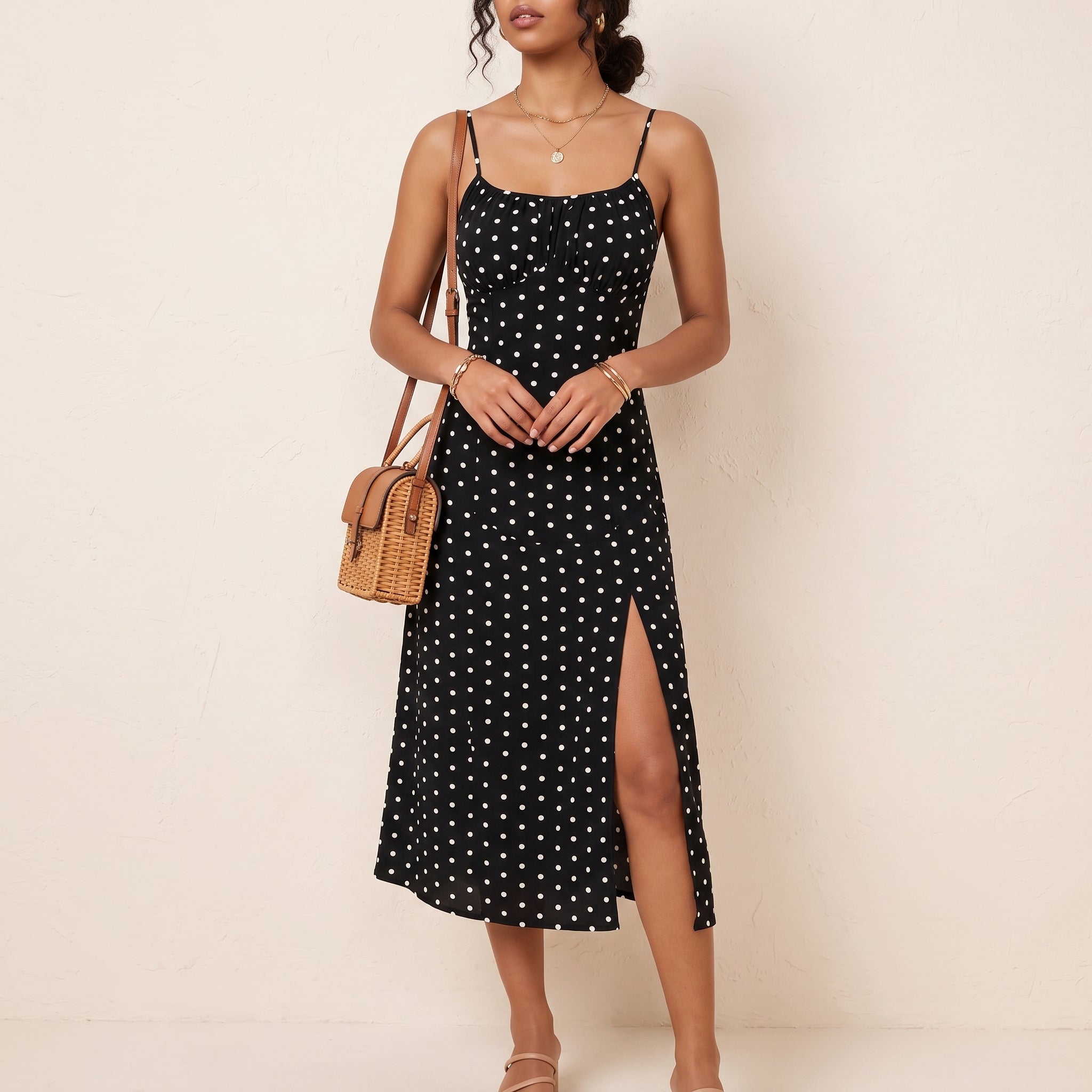 Isla - Women's Summer Spaghetti Strap Polka Dot Midi Dress - Dresses - Black - Davies & Cooper