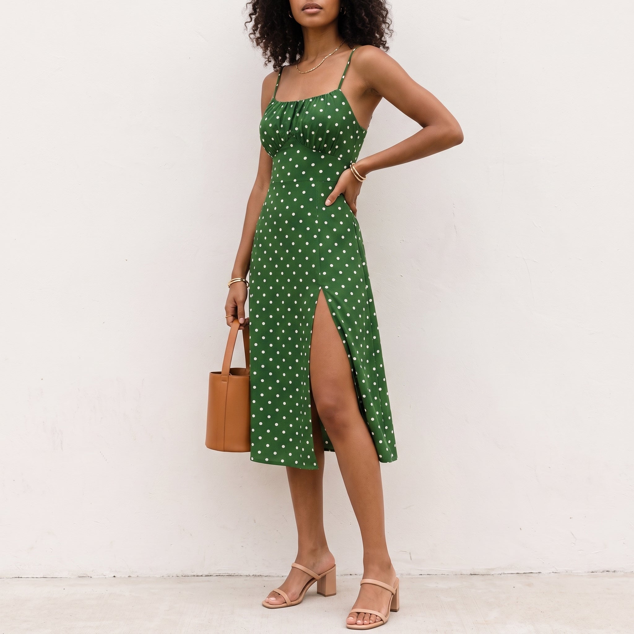 Isla - Women's Summer Spaghetti Strap Polka Dot Midi Dress - Dresses - Green - Davies & Cooper
