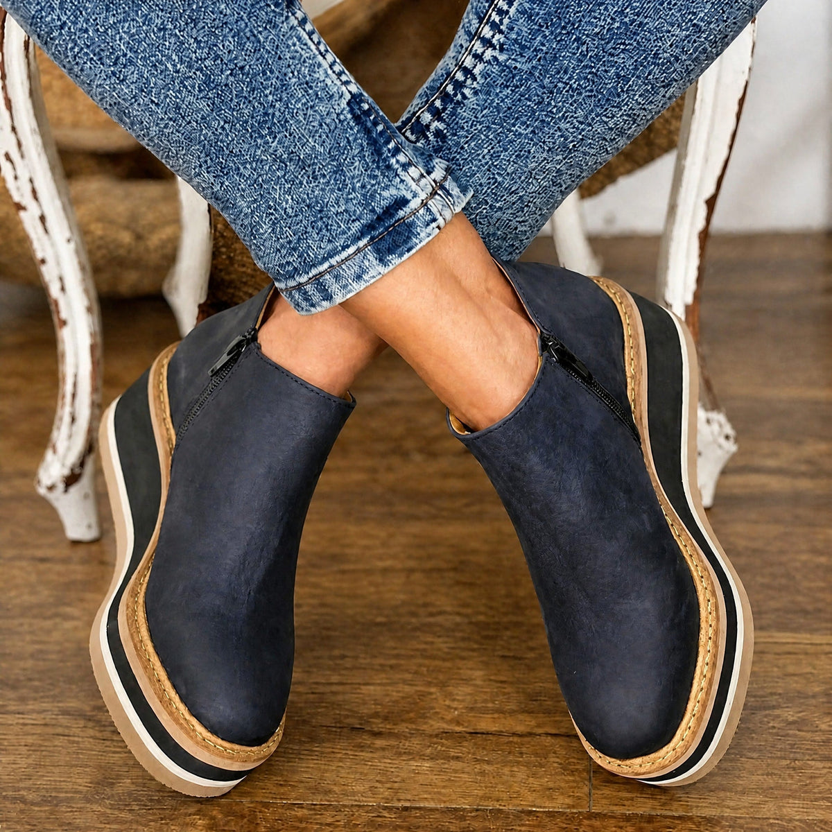 Isla - Women's Wedge Ankle Boots with Side Zip and Platform Sole - Boots - Blue - Davies & Cooper