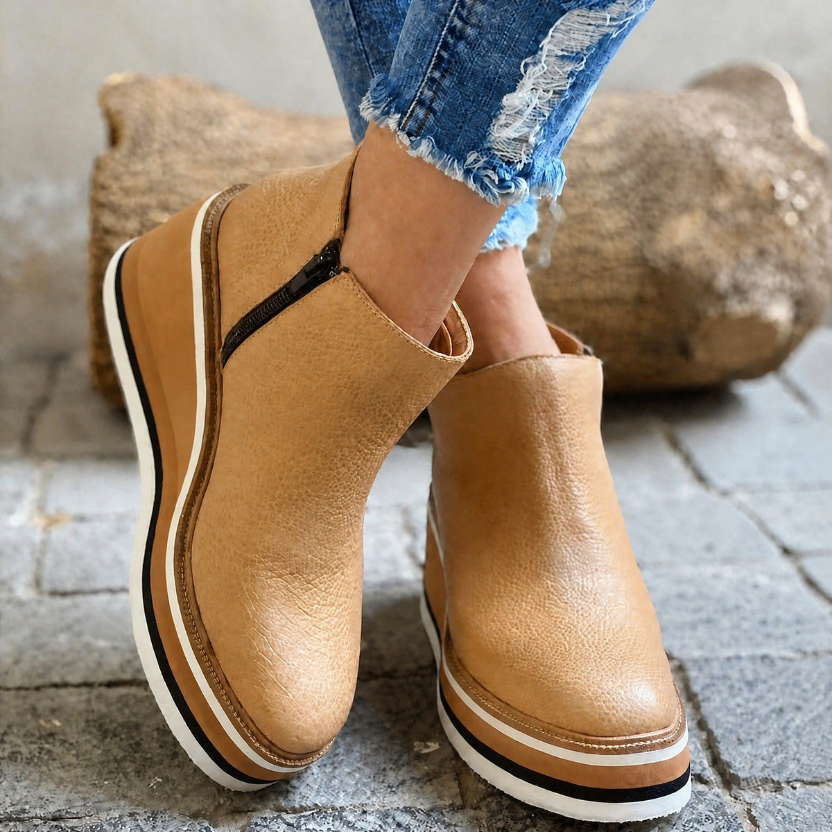 Isla - Women's Wedge Ankle Boots with Side Zip and Platform Sole - Boots - Beige - Davies & Cooper