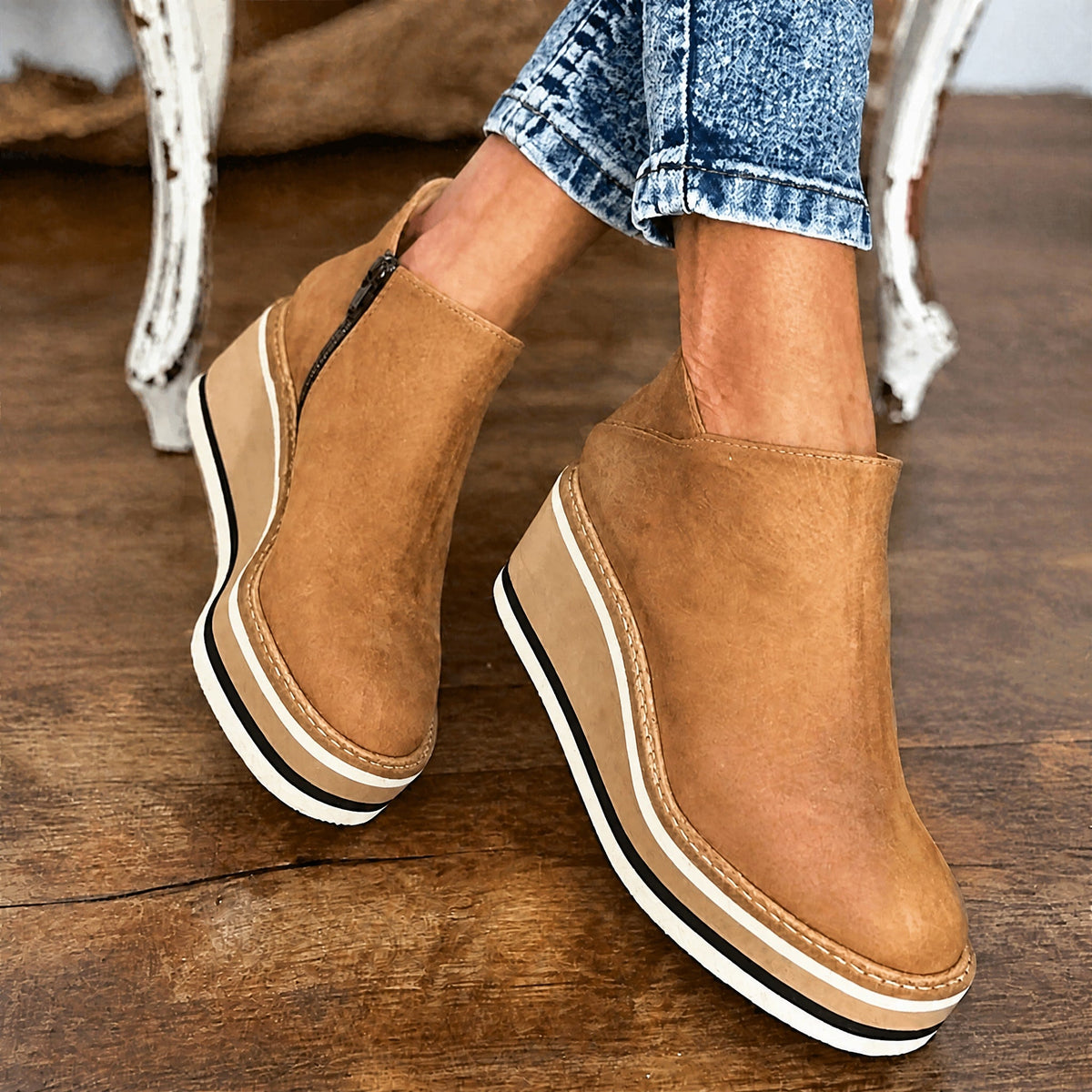 Isla - Women's Wedge Ankle Boots with Side Zip and Platform Sole - Boots - Khaki - Davies & Cooper