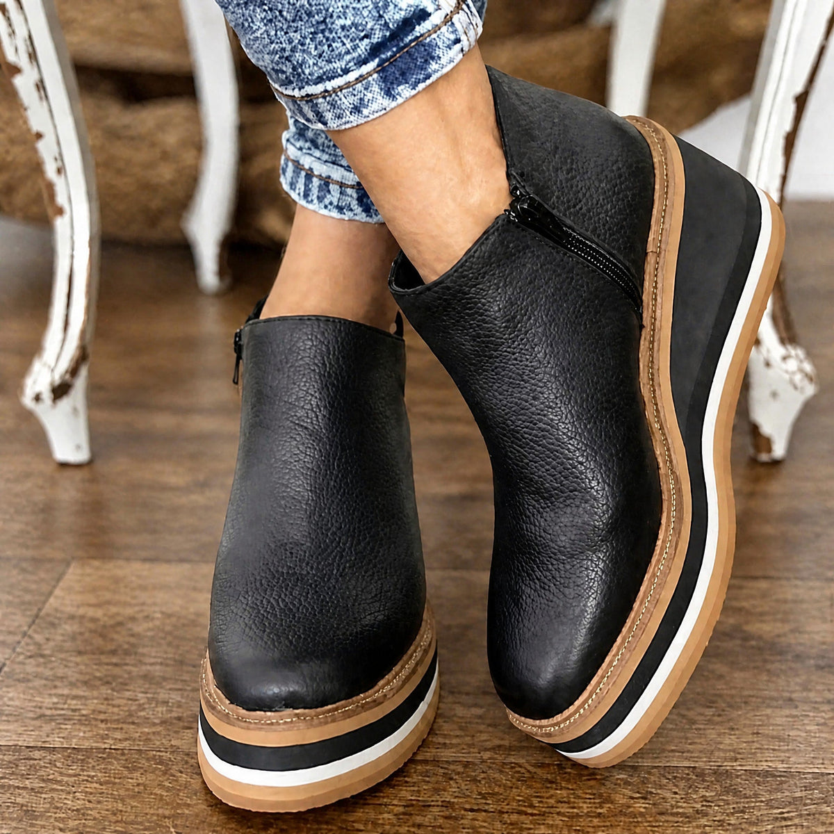 Isla - Women's Wedge Ankle Boots with Side Zip and Platform Sole - Boots - Black - Davies & Cooper