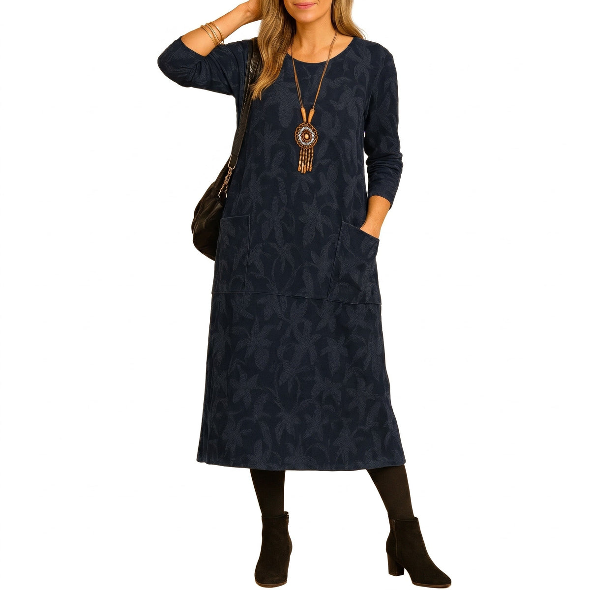 Isla - Women's Winter Jacquard Midi Dress with Pockets - Dresses - Blue - Davies & Cooper