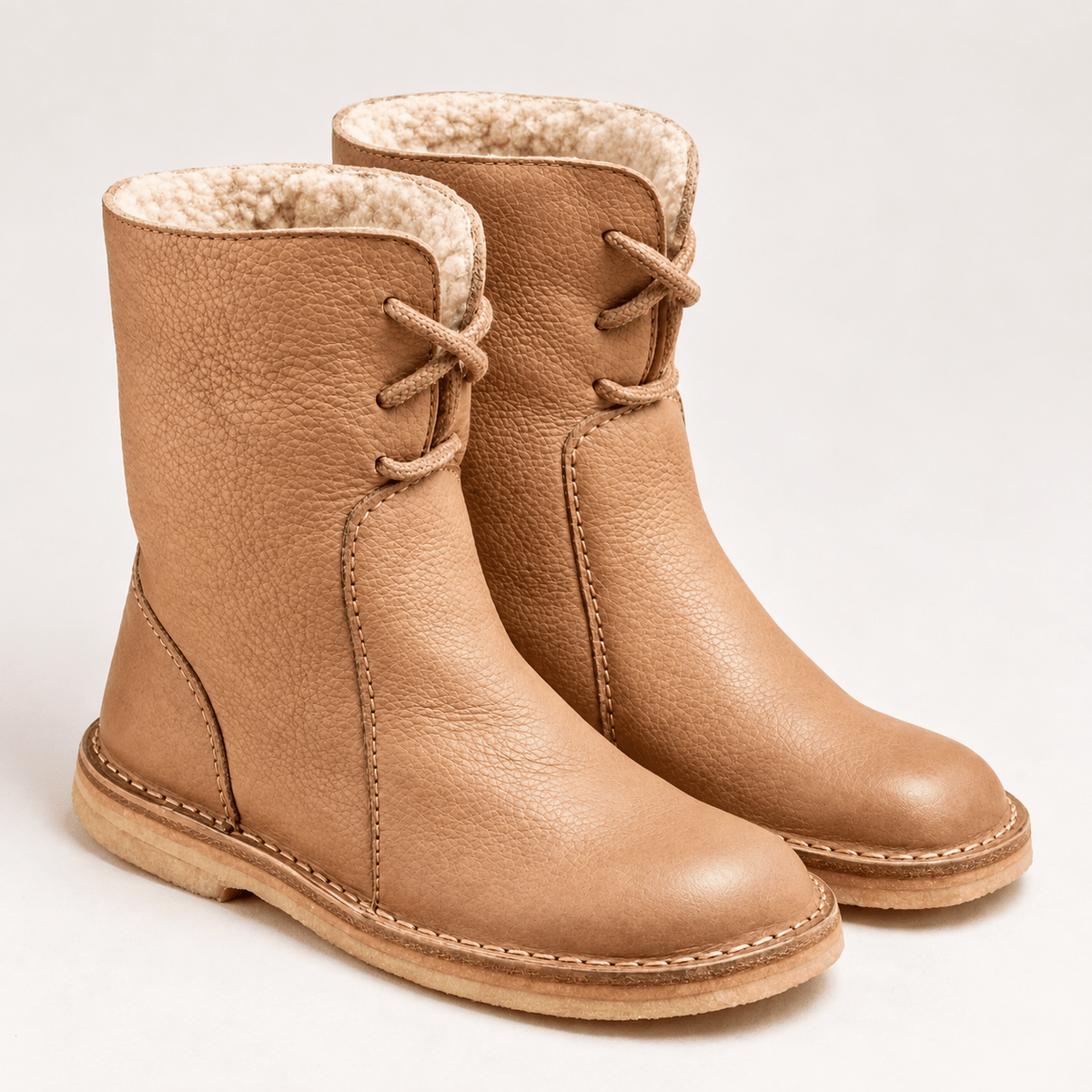 Izabela - Women's Shearling-Trim Lace-Up Winter Boots with Pull Tab - Boots - Beige - Davies & Cooper