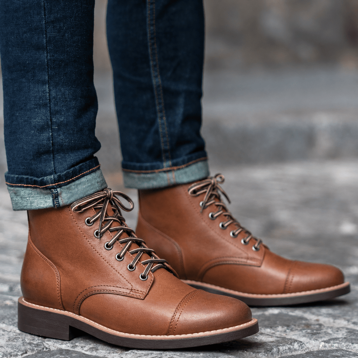 Jack - Men's Lace-Up Leather Ankle Boots with Cap Toe - Boots - Brown - Davies & Cooper