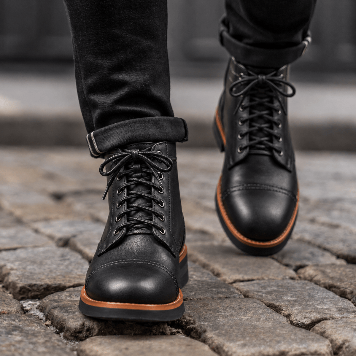 Jack - Men's Lace-Up Leather Ankle Boots with Cap Toe - Boots - Black - Davies & Cooper