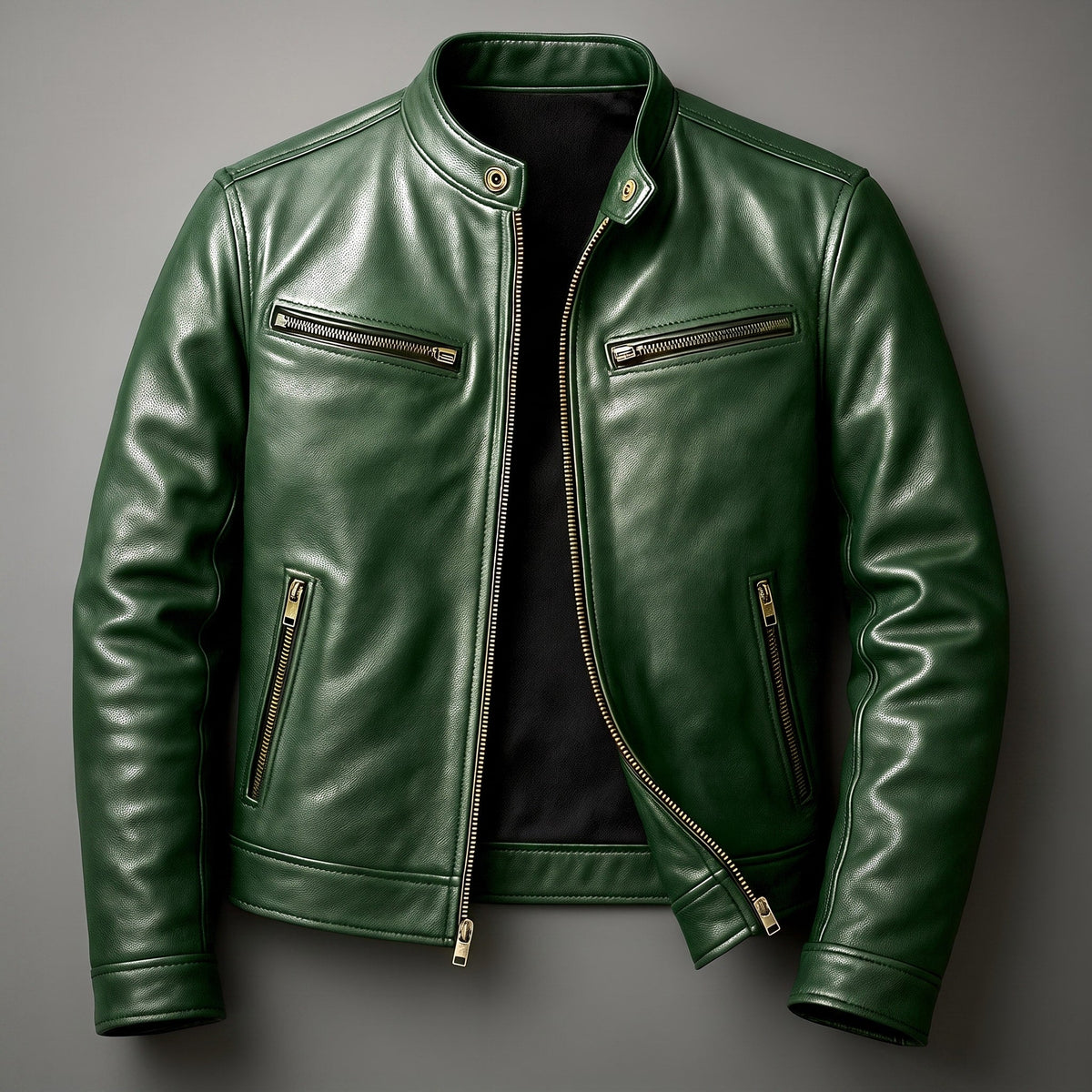 Jack - Men's Leather Biker Jacket with Zip Pockets and Snap Collar - Motorcycle Outerwear - Black - Davies & Cooper