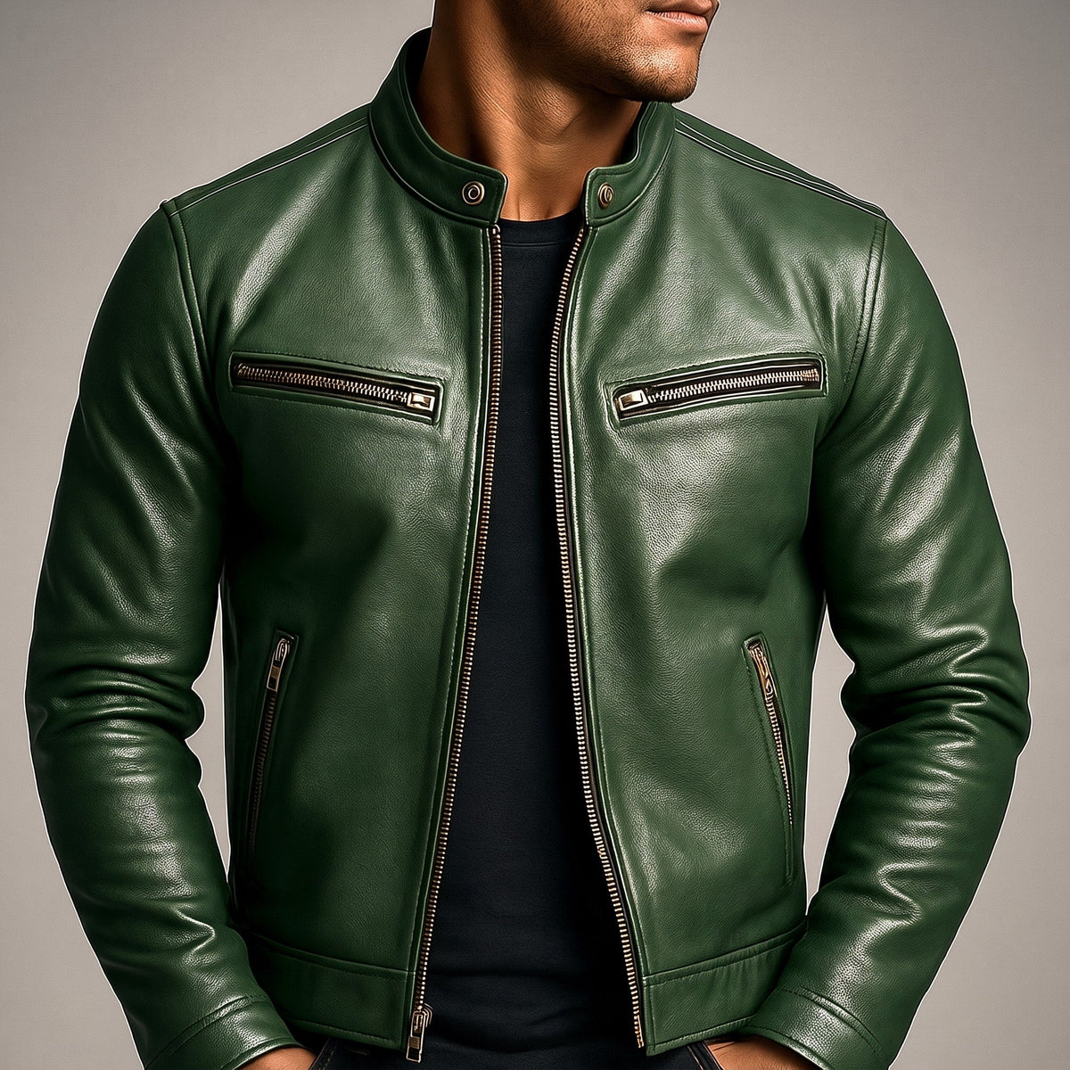 Jack - Men's Leather Biker Jacket with Zip Pockets and Snap Collar - Motorcycle Outerwear - Green - Davies & Cooper