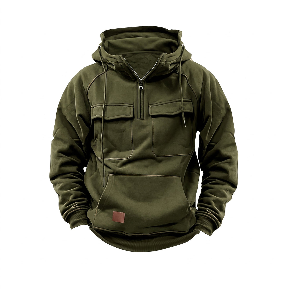 Jack - Men's Quilted Utility Hoodie with Funnel Neck and Half-Zip - Hoodies - Dark Green - Davies & Cooper