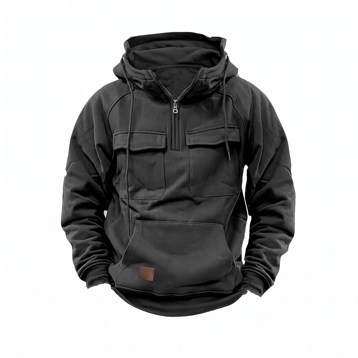 Jack - Men's Quilted Utility Hoodie with Funnel Neck and Half-Zip - Hoodies - Grey - Davies & Cooper