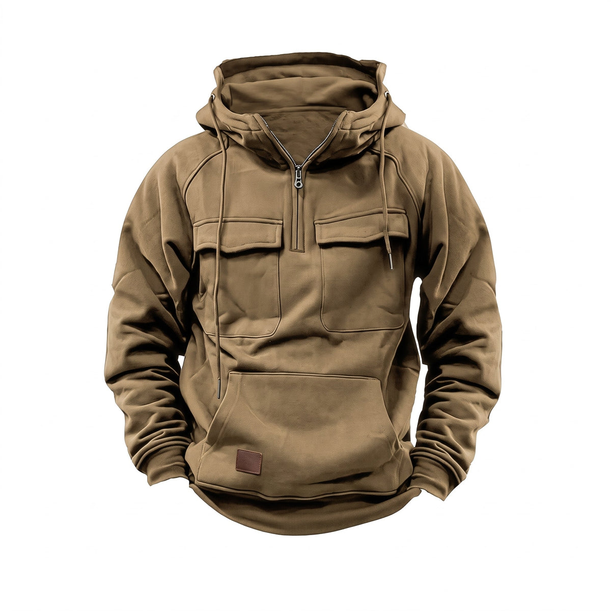 Jack - Men's Quilted Utility Hoodie with Funnel Neck and Half-Zip - Hoodies - Khaki - Davies & Cooper