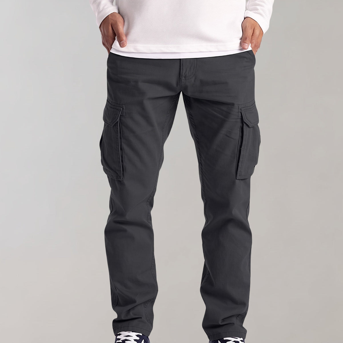 Jack - Men's Slim Fit Cargo Trousers with Flap Pockets - Cargo Pants - Dark Grey - Davies & Cooper