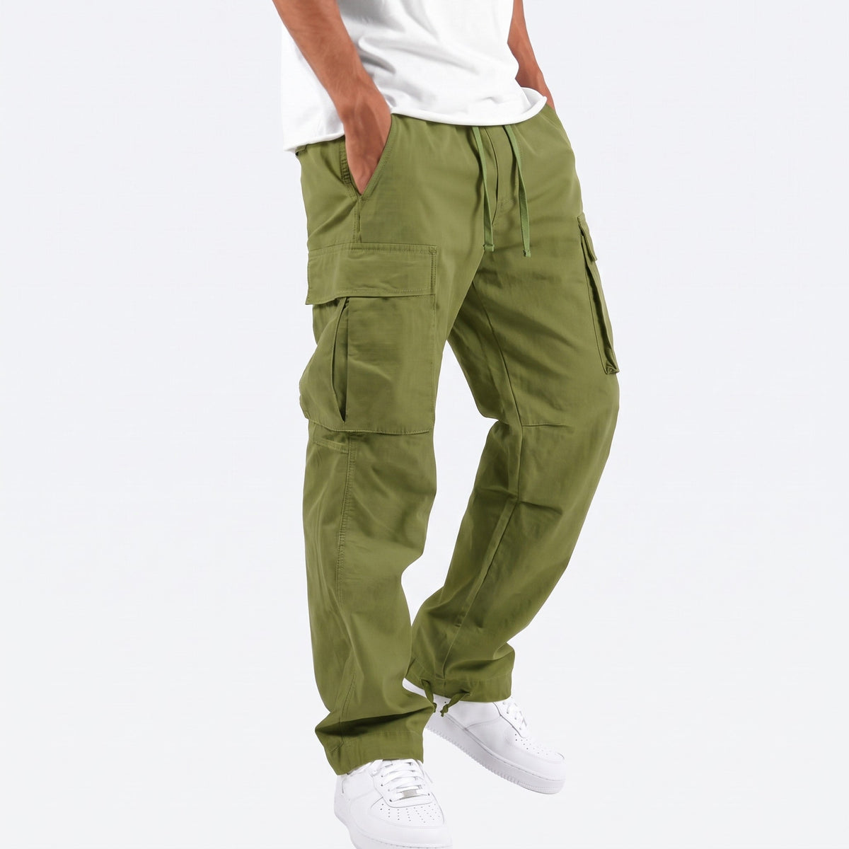 Jacob - Men's Relaxed Fit Cargo Trousers with Flap Pockets and Elastic Waist - Cargo Pants - Dark Green - Davies & Cooper