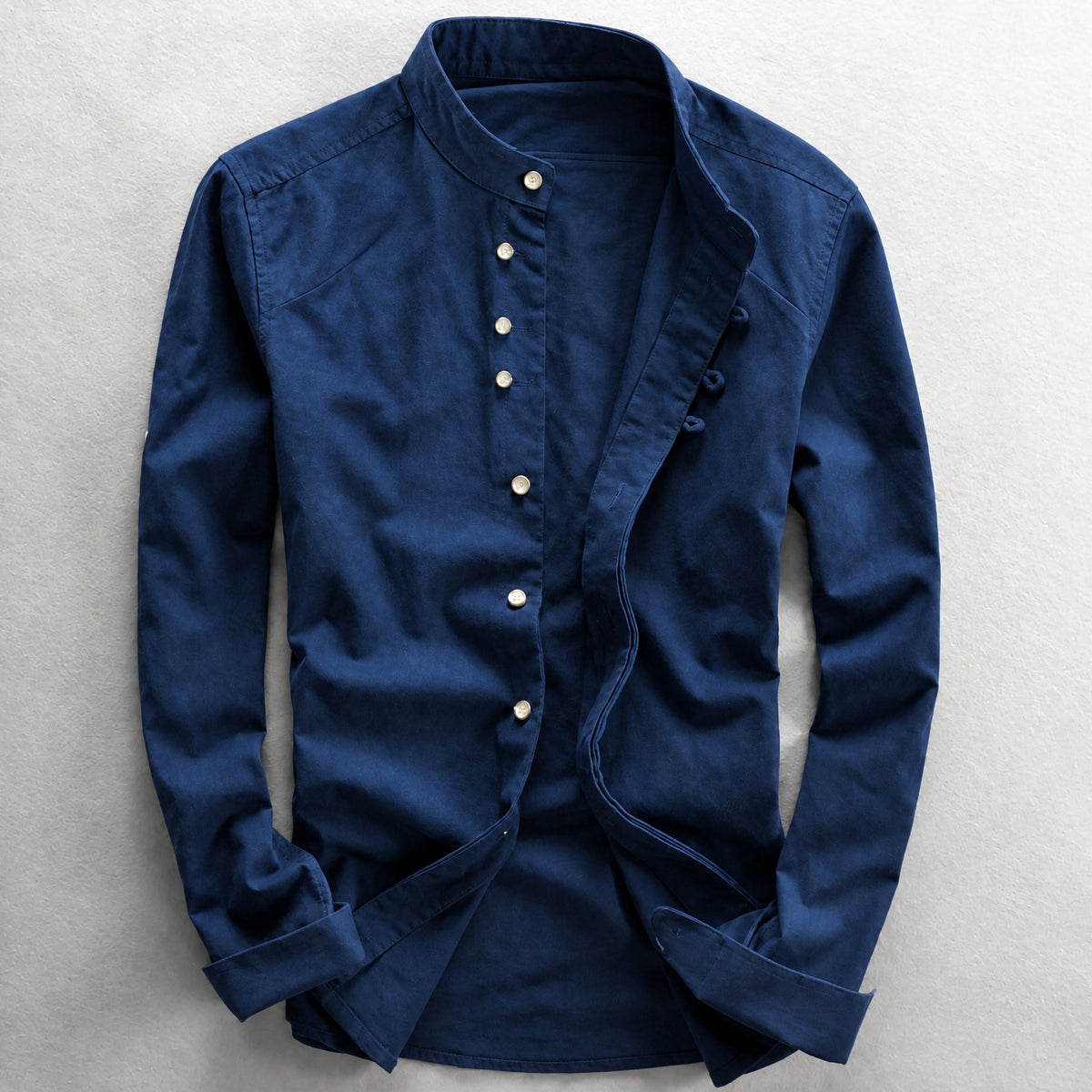 James - Men's Casual Grandad Collar Shirt with Button Placket - Shirts - Navy Blue - Davies & Cooper