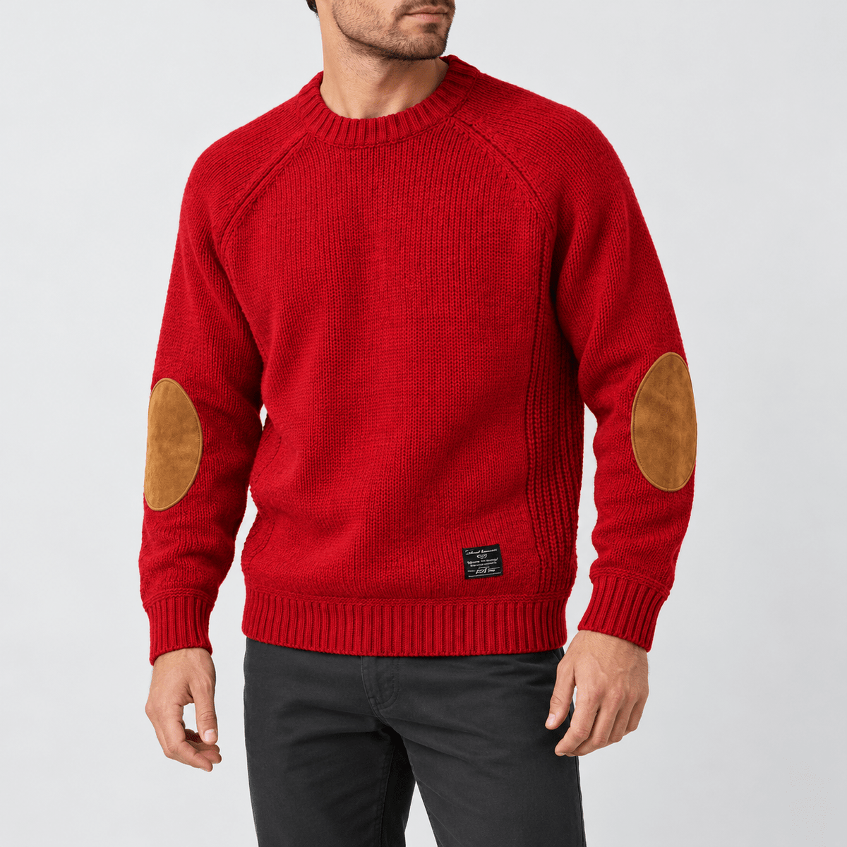 James - Men's Chunky Ribbed Knit Jumper with Suede Elbow Patches - Sweaters - Red - Davies & Cooper