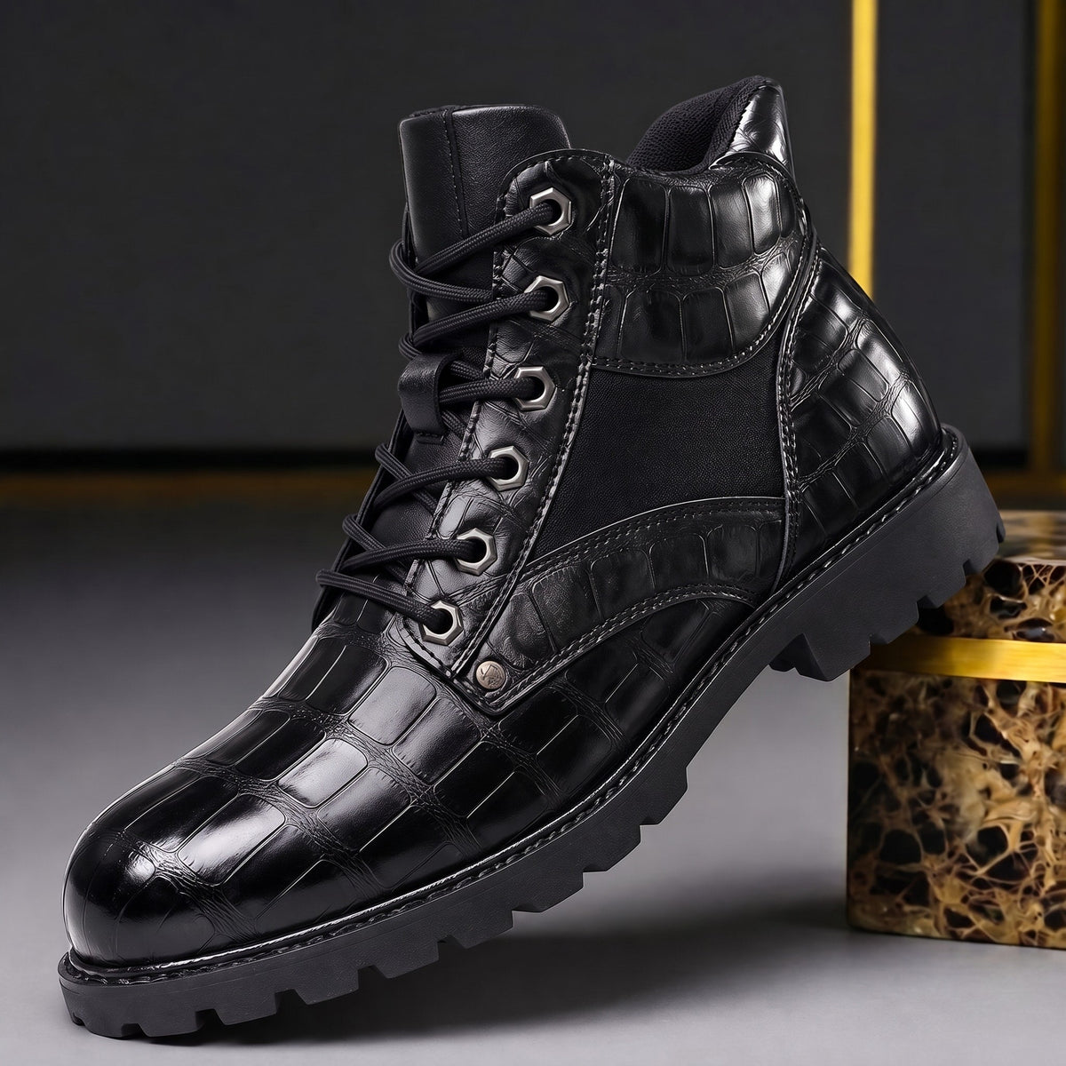 James - Men's Croc-Embossed Lace-Up Ankle Boots with Contrast Panel - Boots - Black - Davies & Cooper
