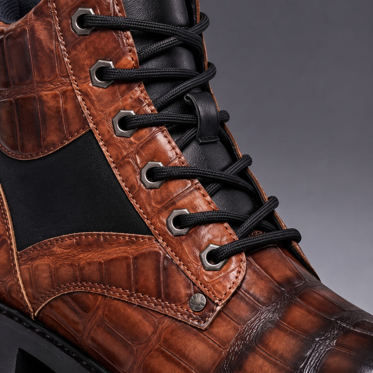 James - Men's Croc-Embossed Lace-Up Ankle Boots with Contrast Panel - Boots - Brown - Davies & Cooper