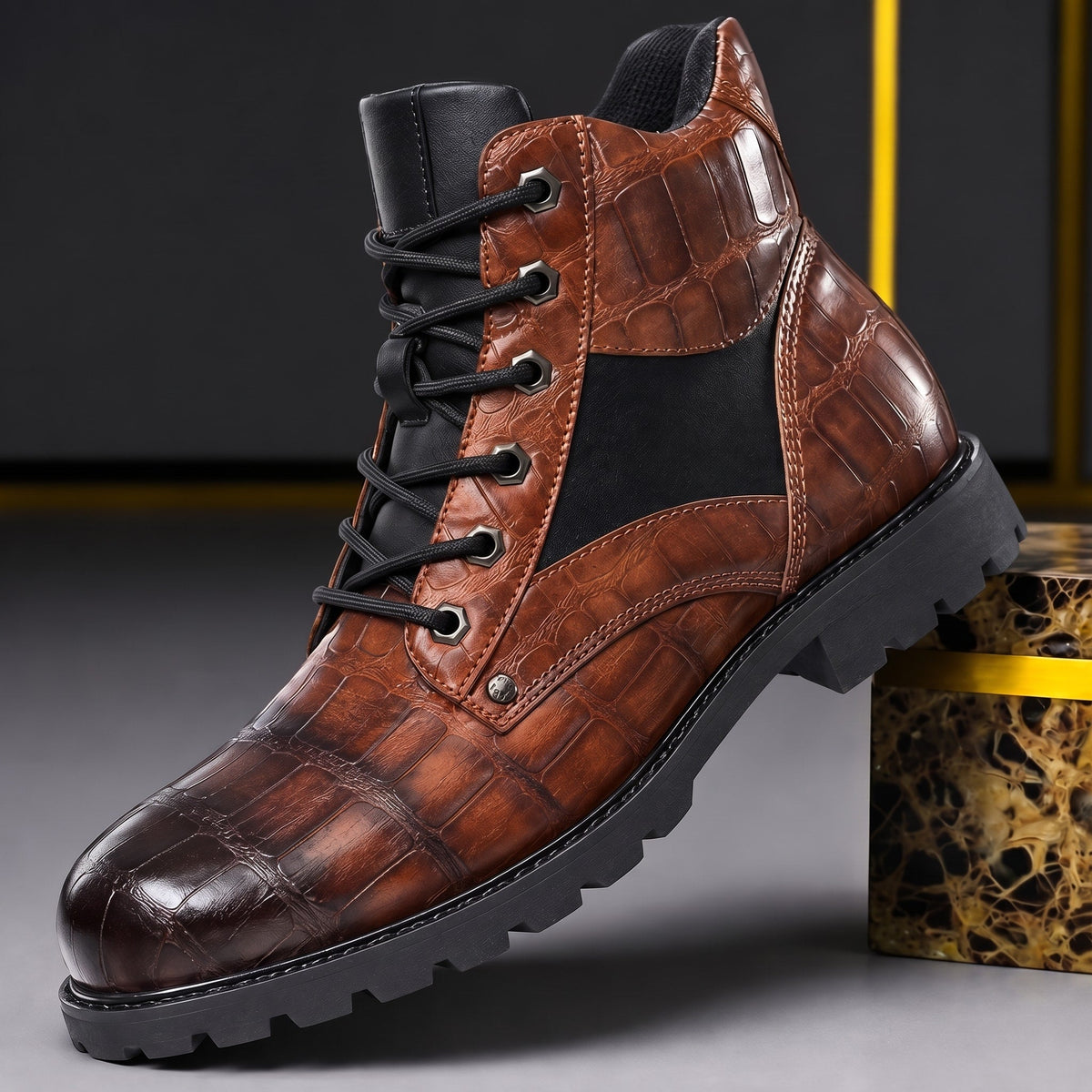 James - Men's Croc-Embossed Lace-Up Ankle Boots with Contrast Panel - Boots - Brown - Davies & Cooper