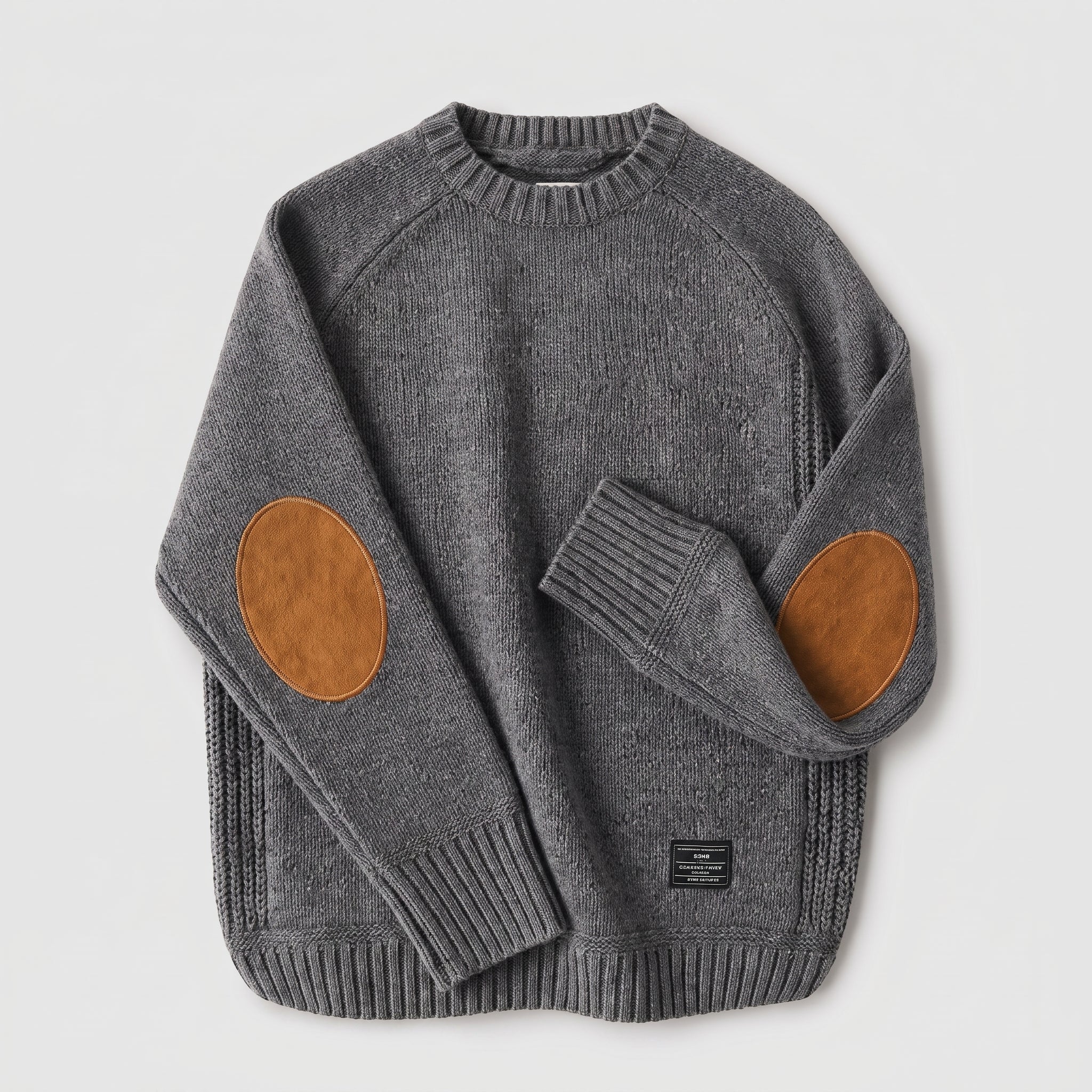 James - Men's Elbow Patch Knitted Jumper with Ribbed Trim - Sweaters - Grey - Davies & Cooper