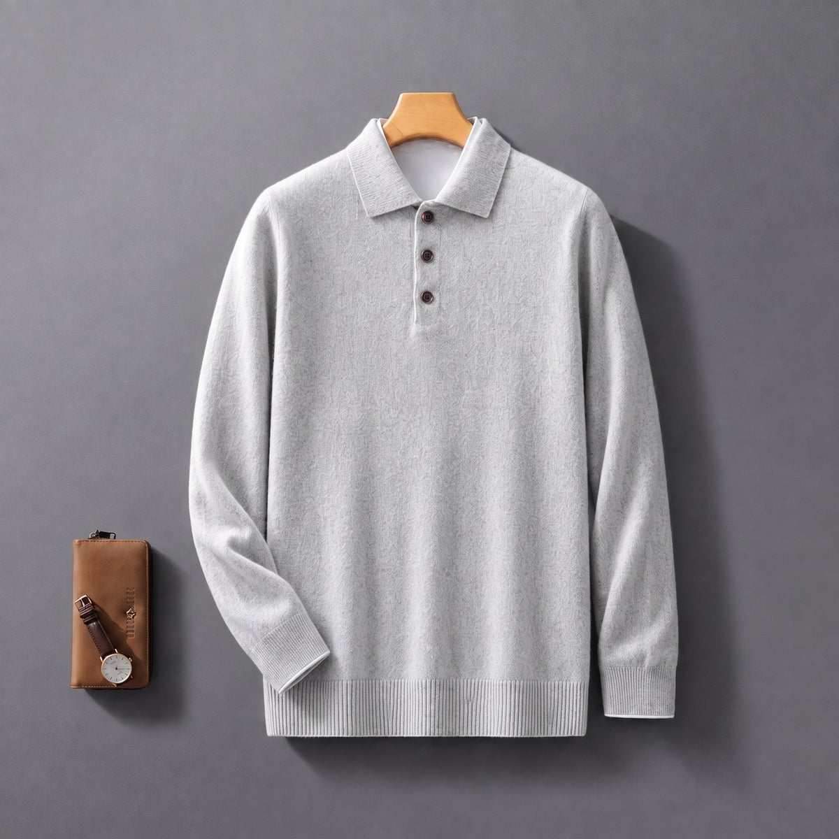 James - Men's Knitted Polo Shirt with Button Placket - Polos - Grey - Davies & Cooper